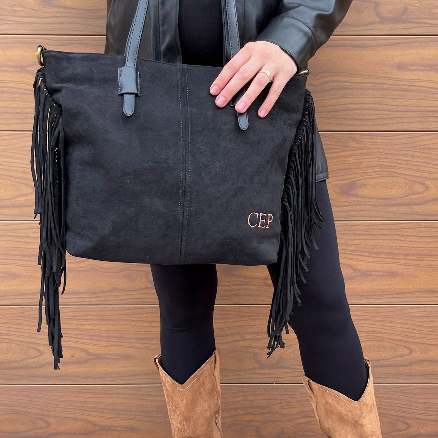 Bolso flecos efecto piel de ante - NEGRO
