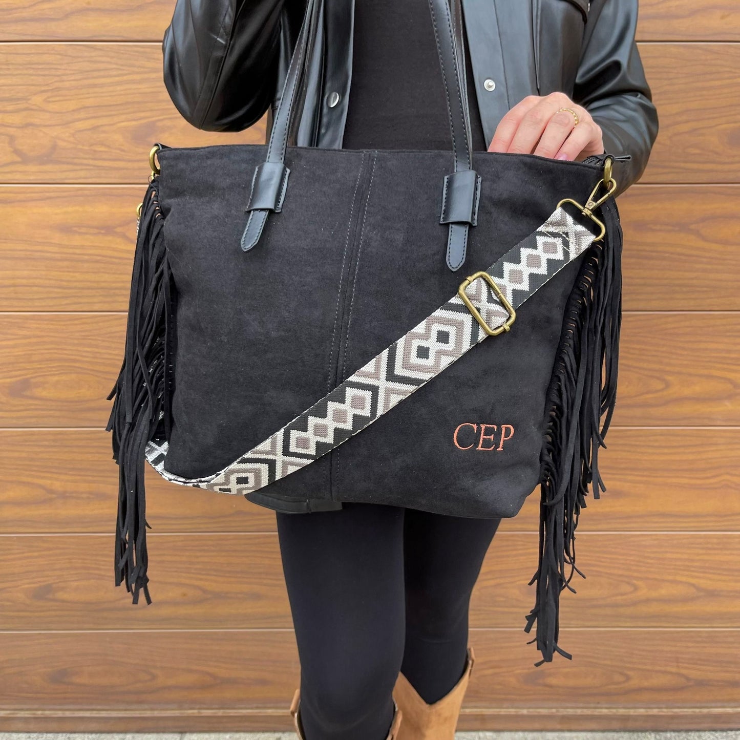 Bolso flecos efecto piel de ante - NEGRO