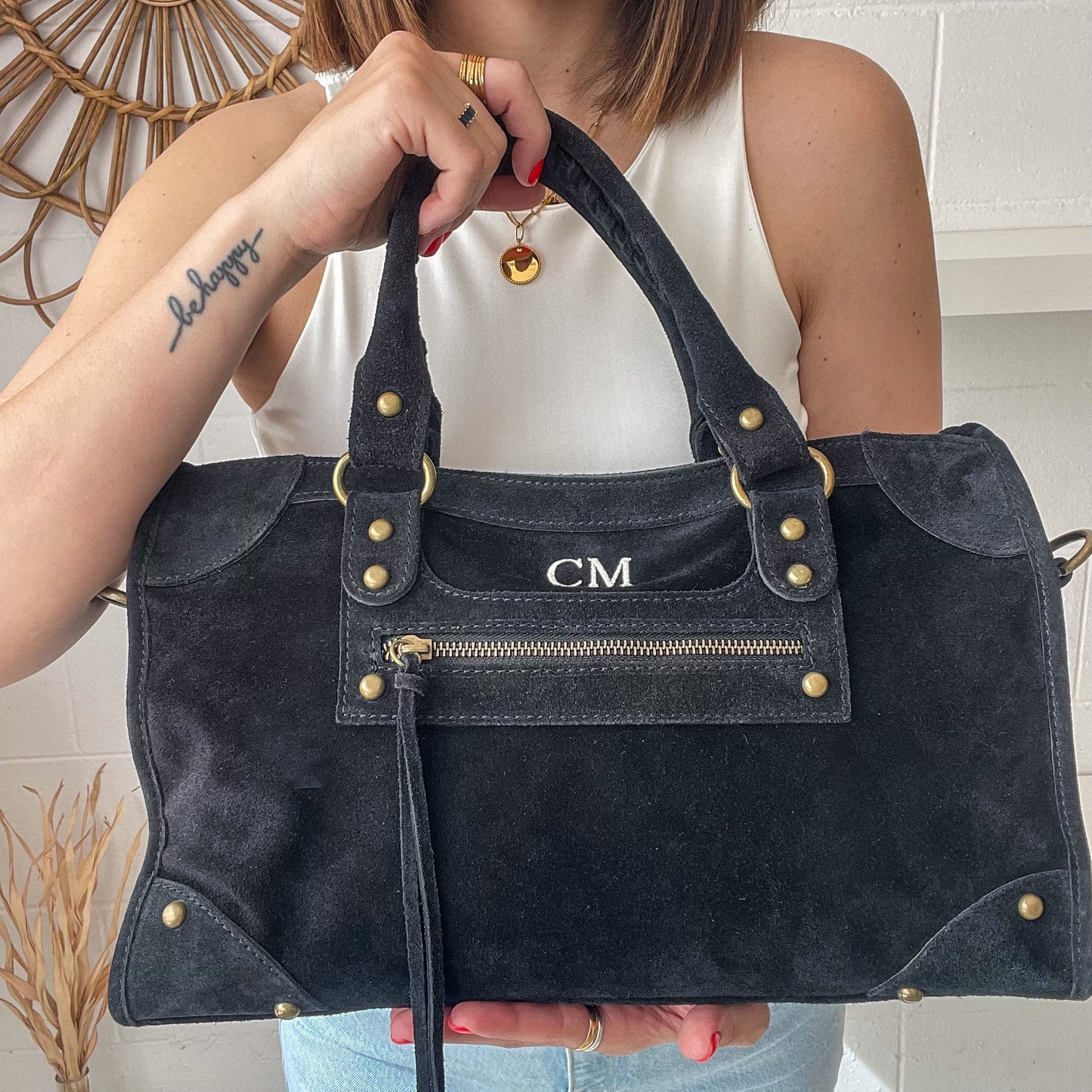 Bolso shopper piel de ante california - negro