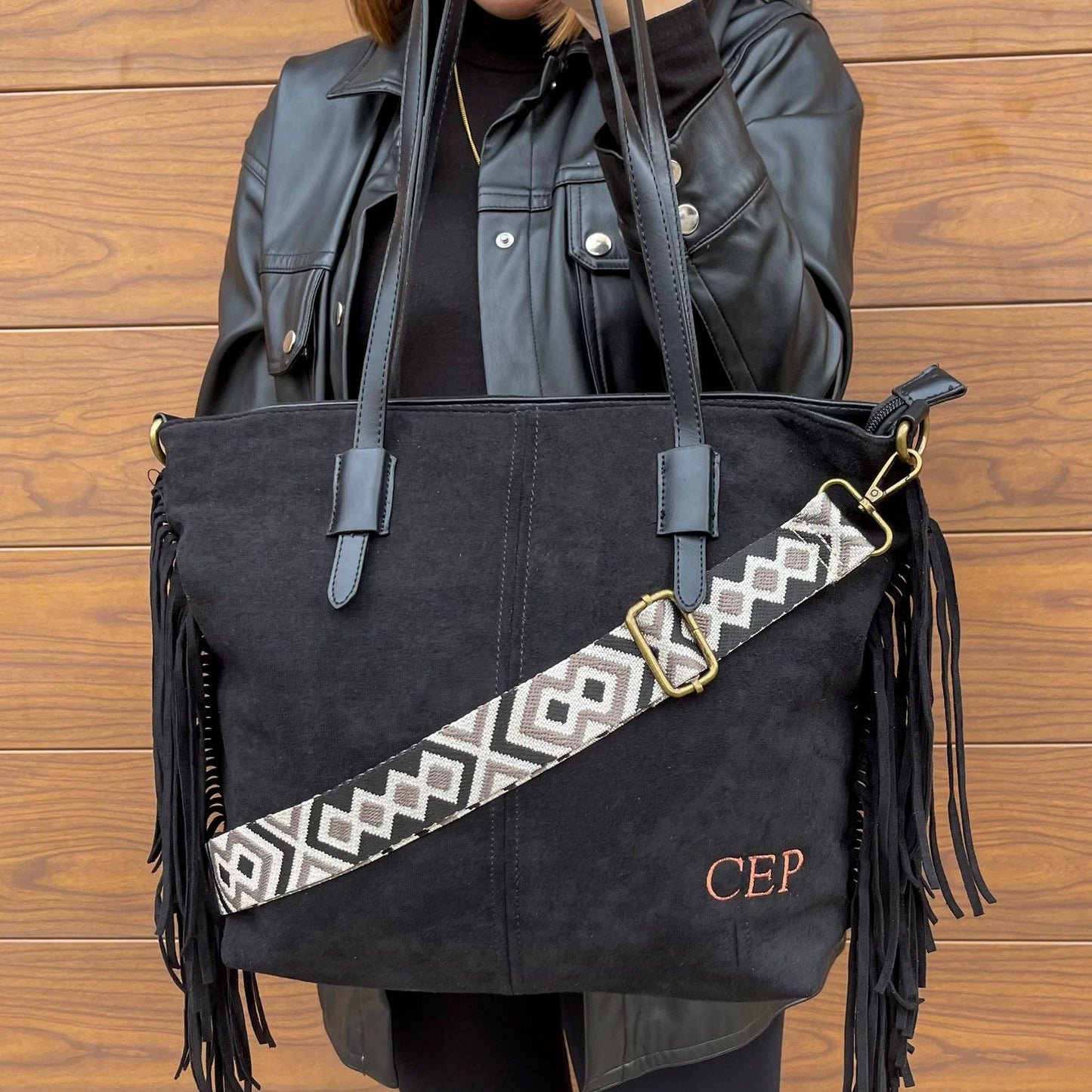 Bolso flecos efecto piel de ante - NEGRO