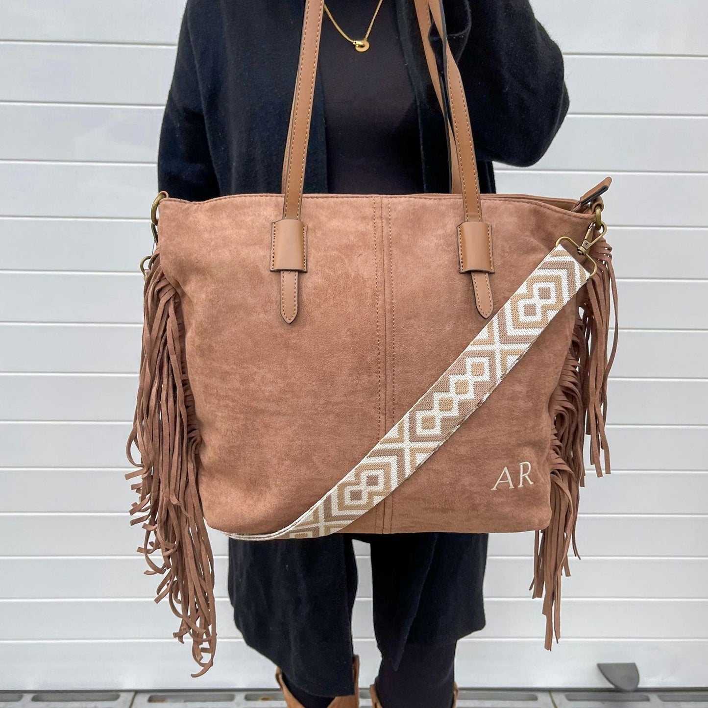 Bolso flecos efecto piel de ante - TAUPE