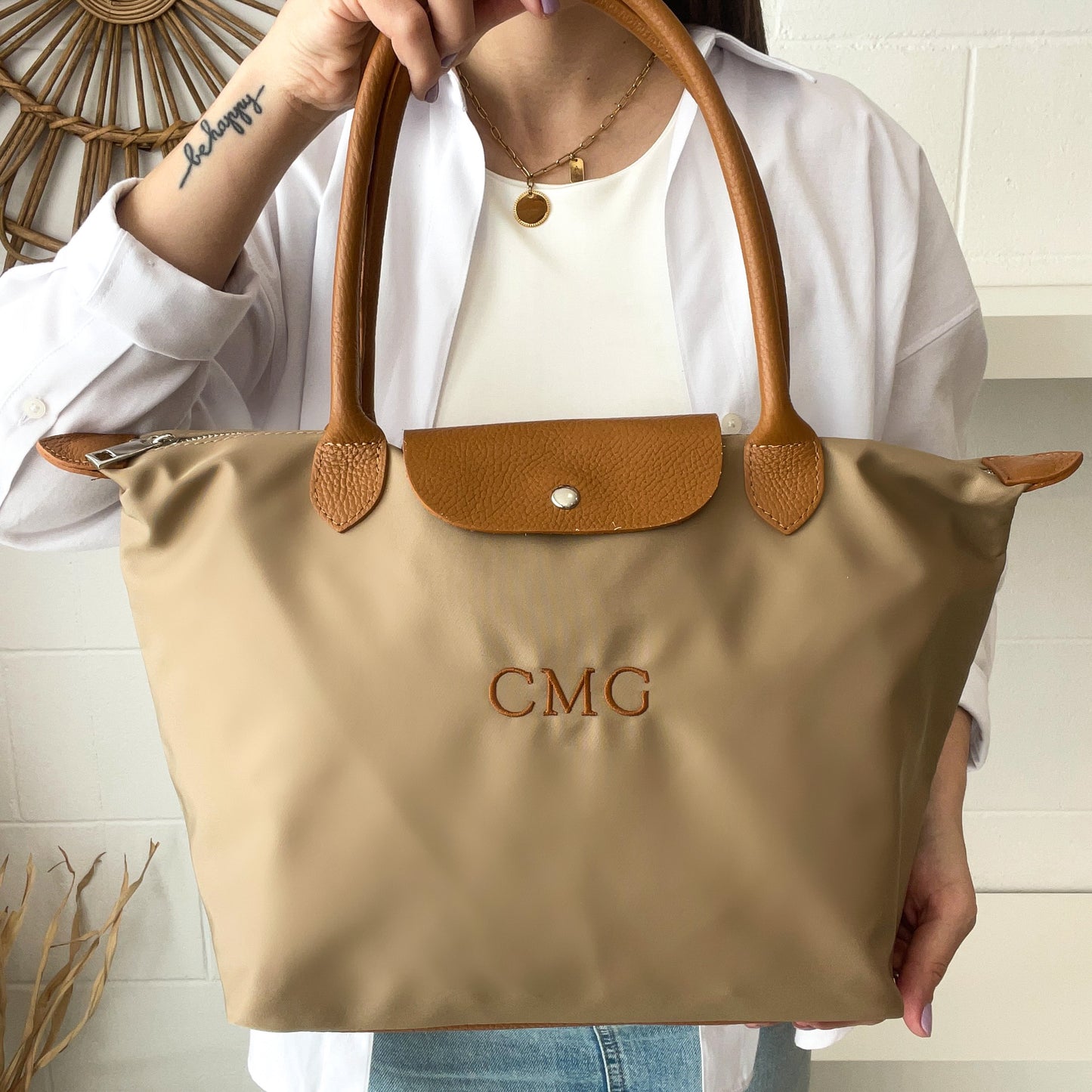 Bolso solapa nylon y piel - Color taupe
