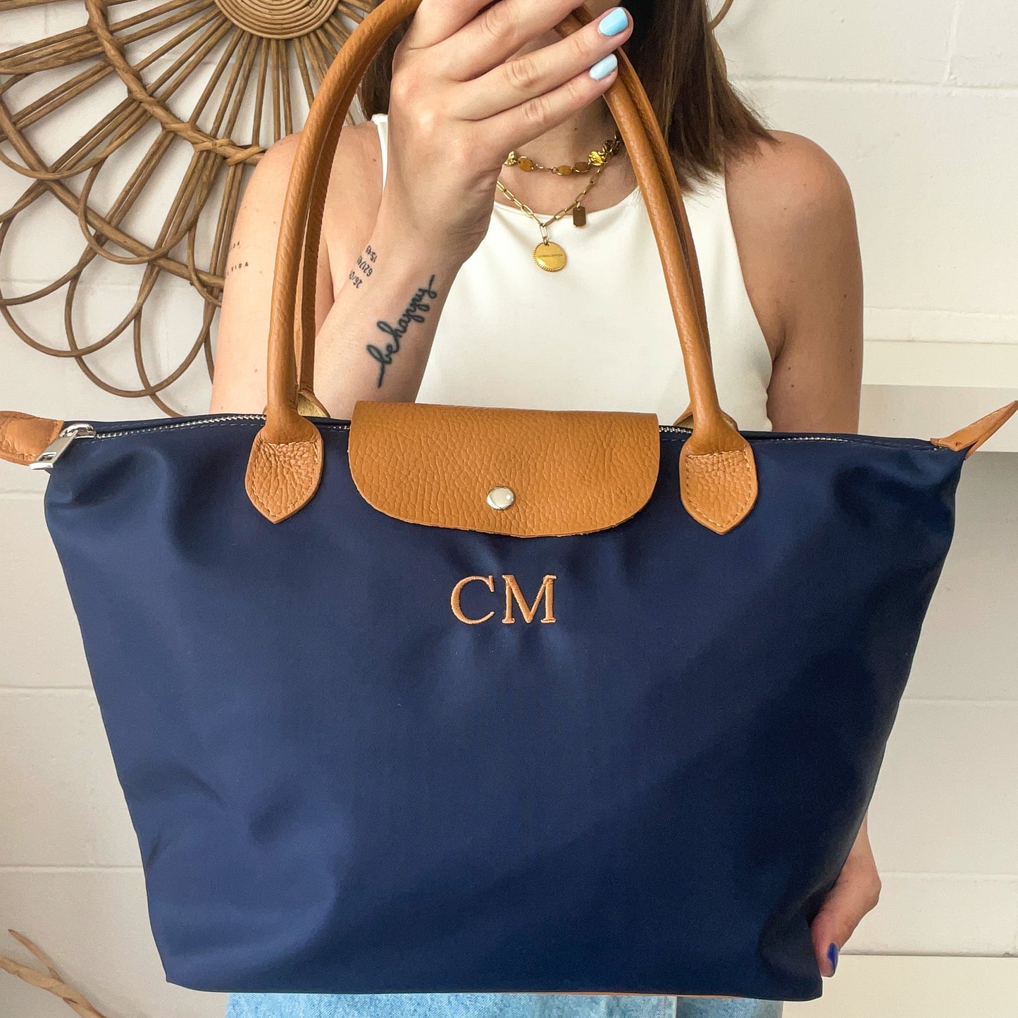 Bolso solapa nylon y piel - Color azul marino