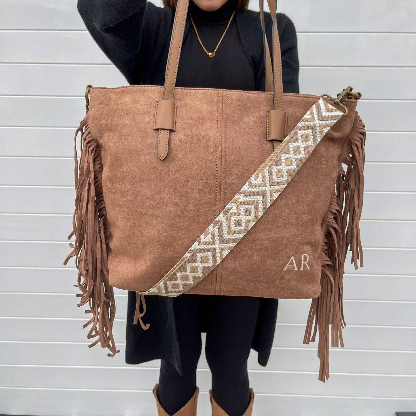 Bolso flecos efecto piel de ante - TAUPE