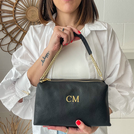 Bolso de piel personalizado doble cadena dorada - color negro