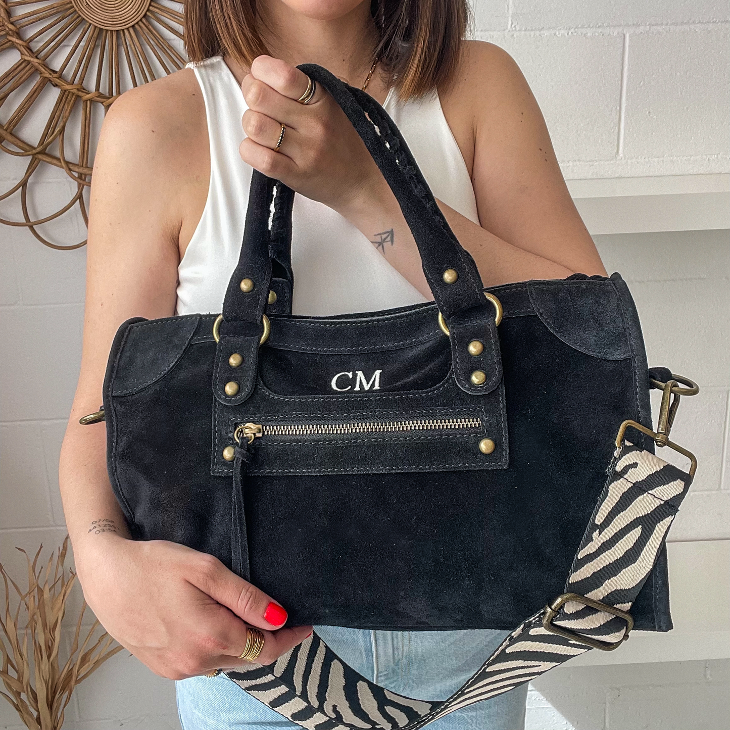Bolso shopper piel de ante california - negro