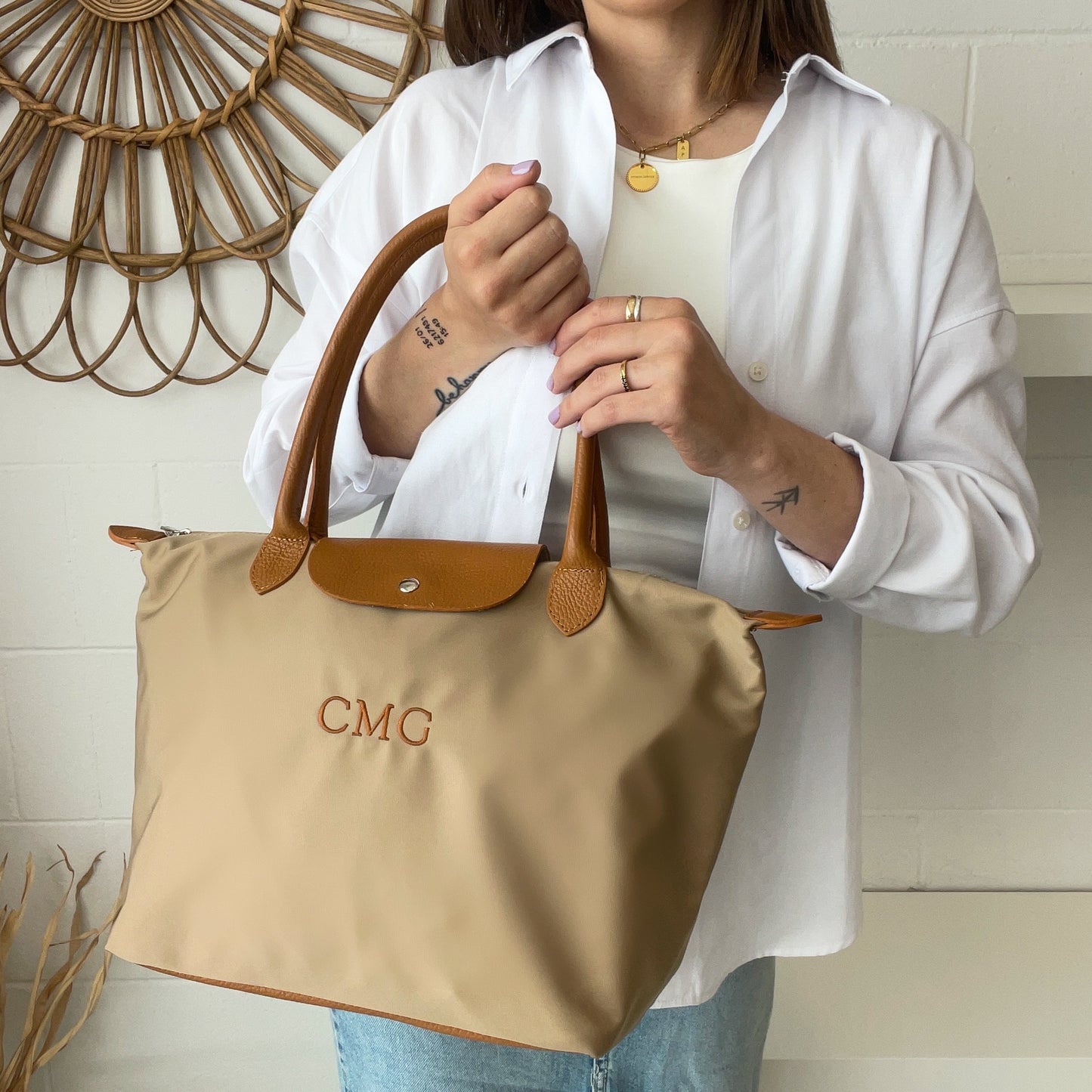 Bolso solapa nylon y piel - Color taupe