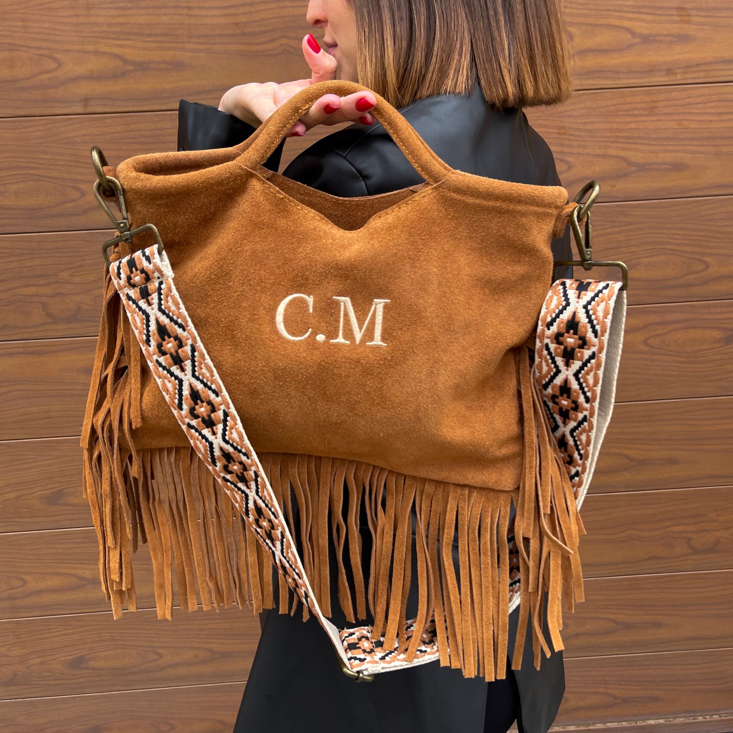 Bolso flecos piel de ante personalizado - CAMEL