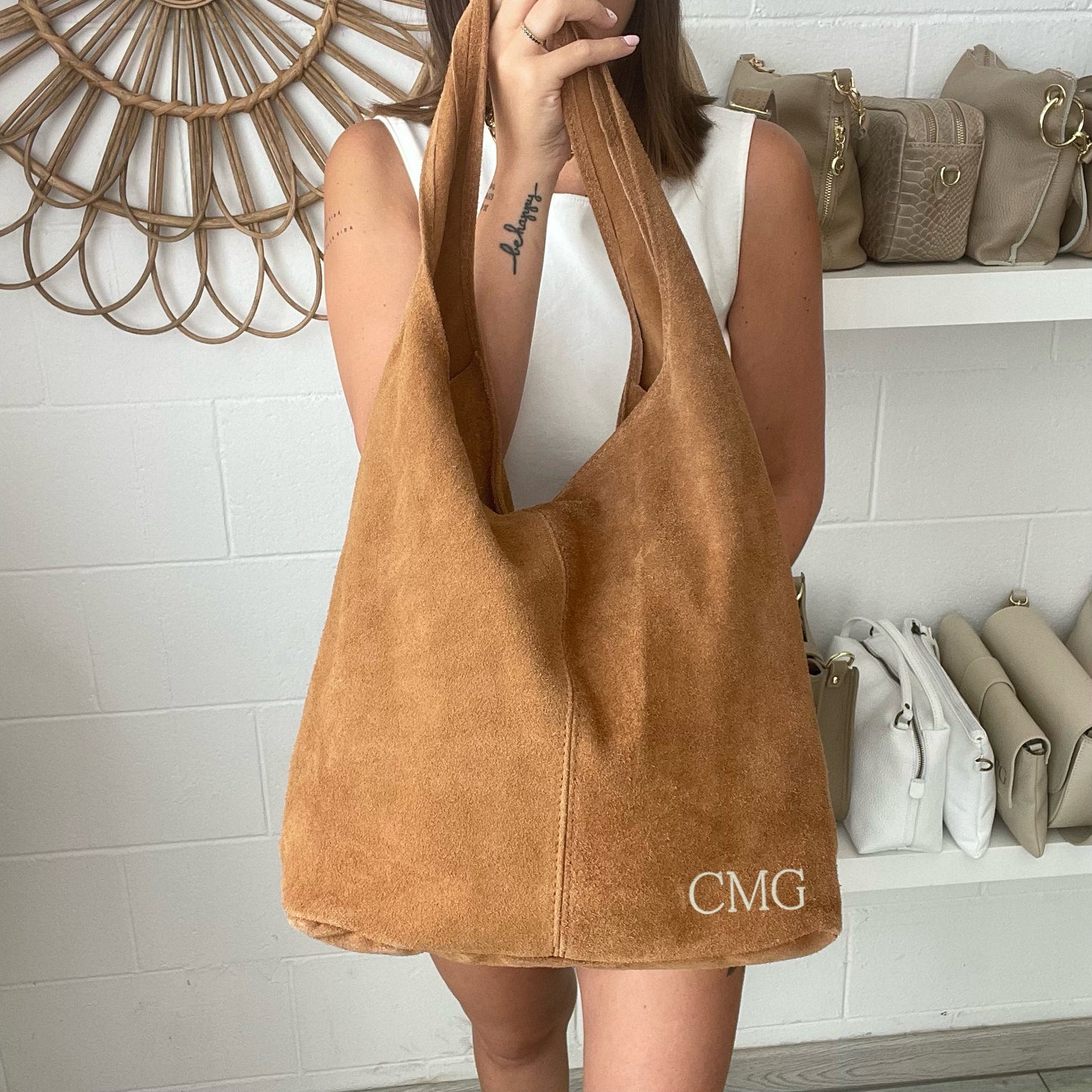 Bolso saco de piel de ante personalizado- Color camel