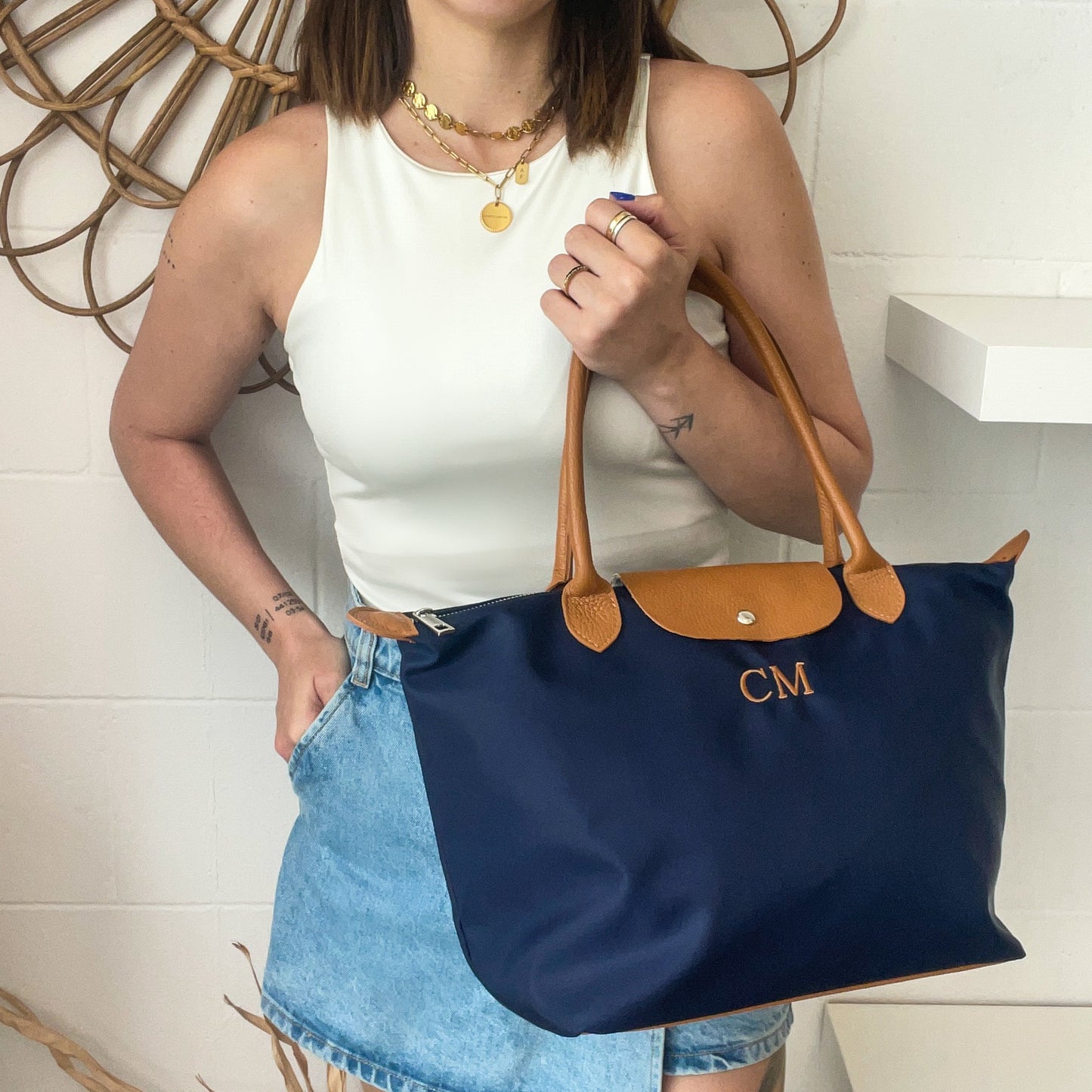 Bolso solapa nylon y piel - Color azul marino
