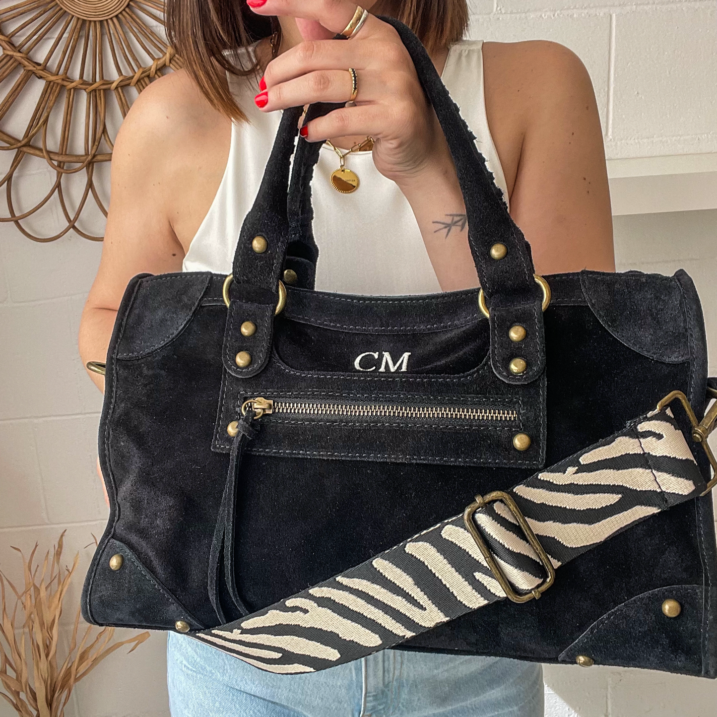 Bolso shopper piel de ante california - negro