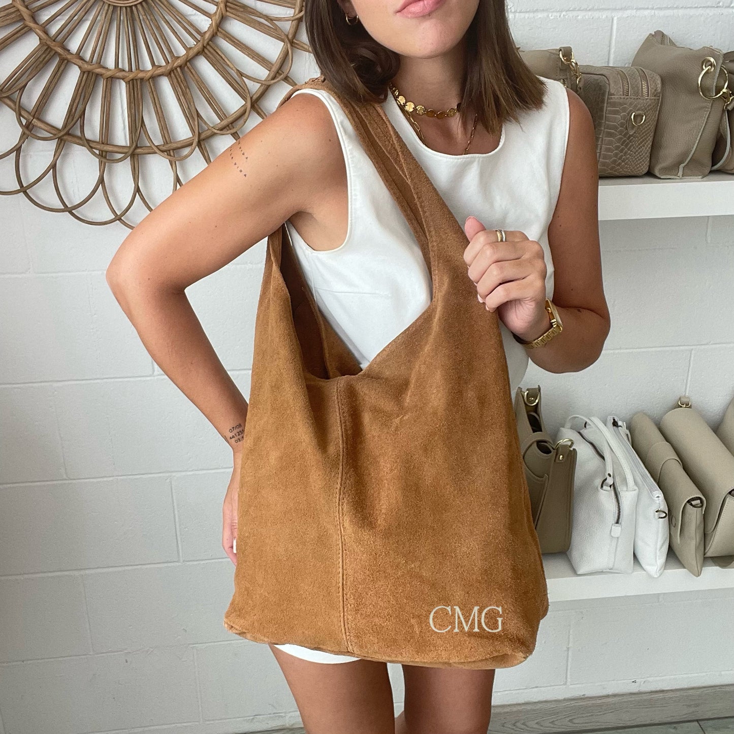 Bolso saco de piel de ante personalizado- Color camel