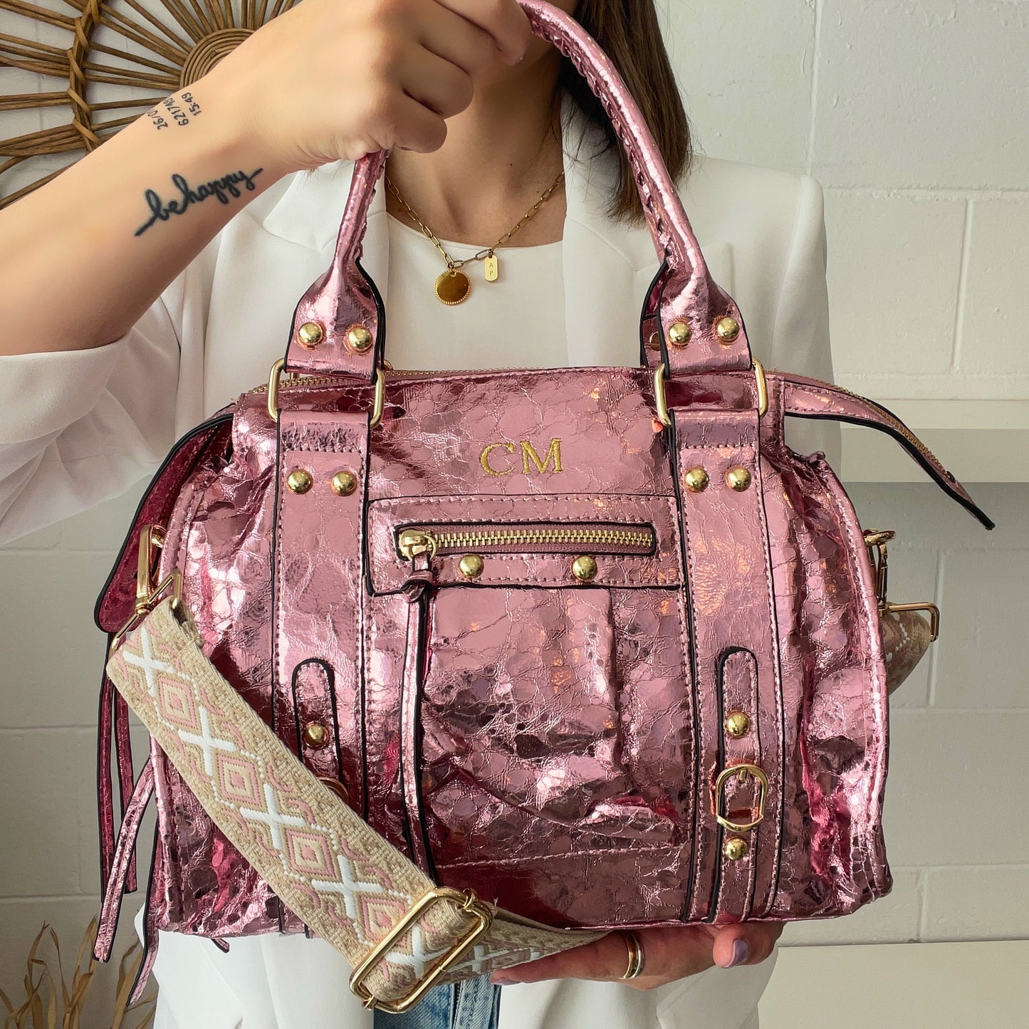 Bolso efecto piel brillante personalizado- Color rosa