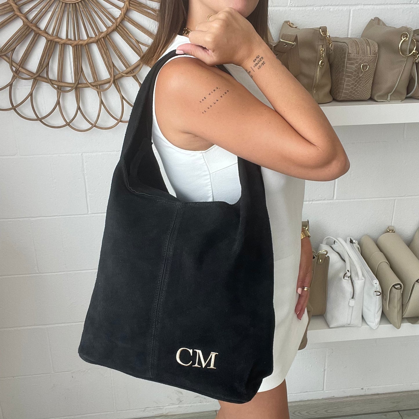 Bolso saco de piel de ante personalizado- Color negro