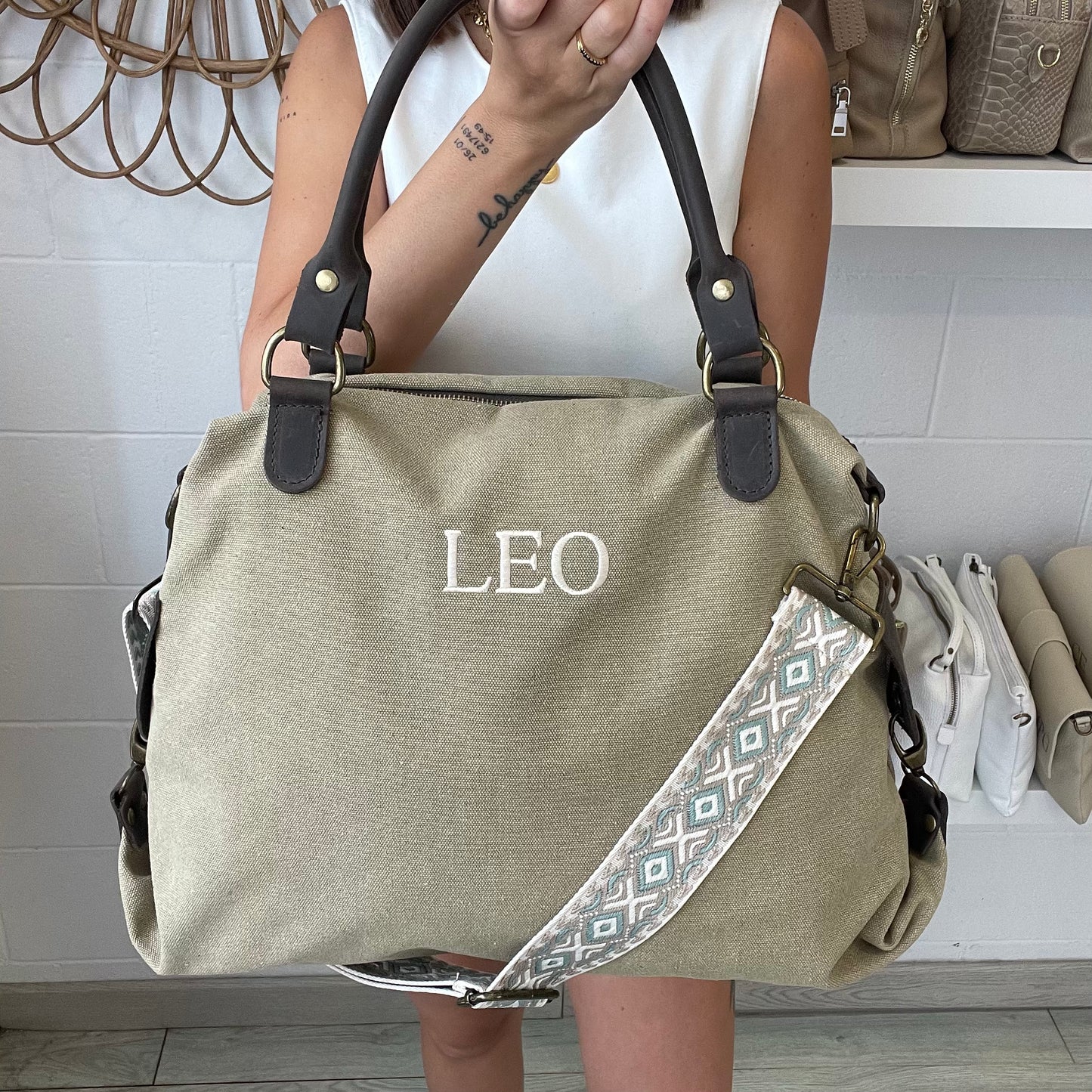 Bolso loneta efecto lavado con correa étnica - Color taupe claro