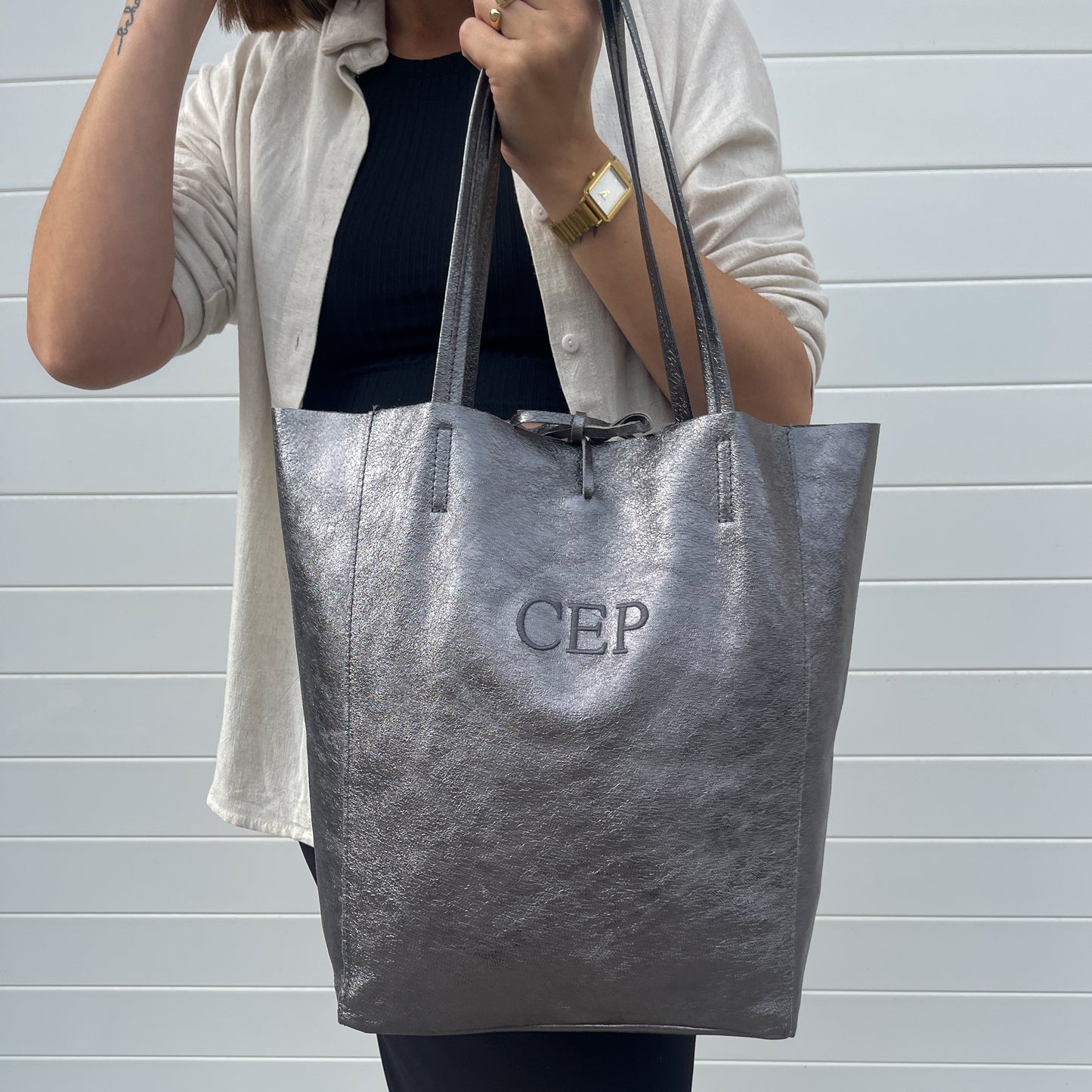 Bolso brillo lazo personalizado - Color gris plata