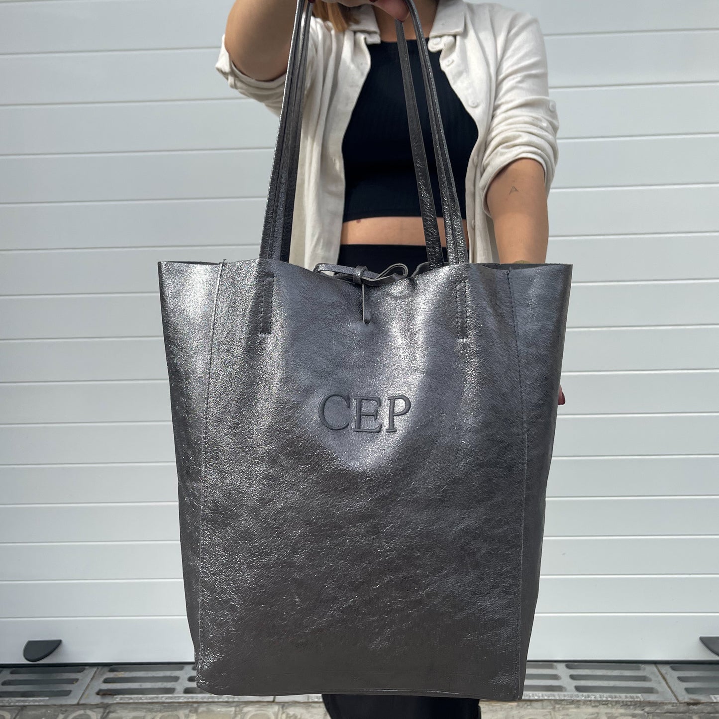 Bolso brillo lazo personalizado - Color gris plata