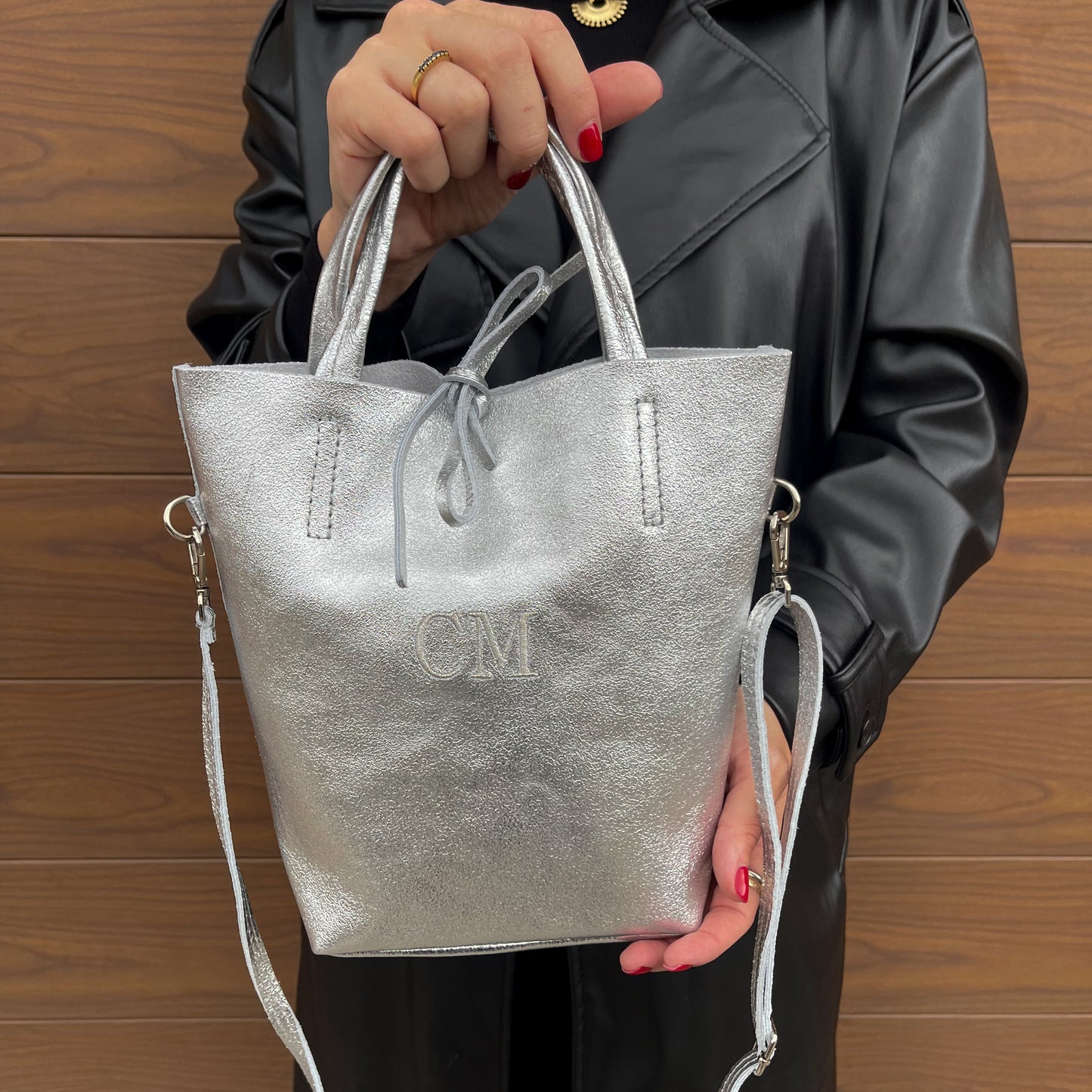 Bolso pequeño piel lazo personalizado - Color plata brillante