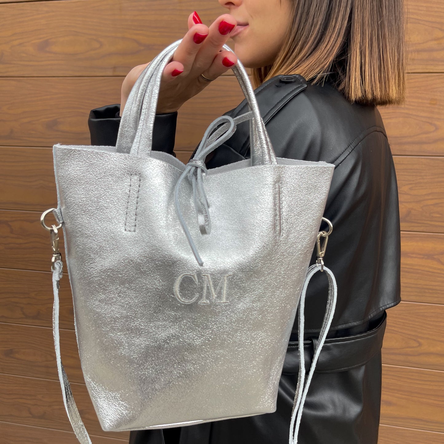 Bolso pequeño piel lazo personalizado - Color plata brillante