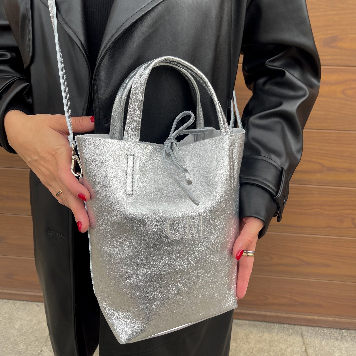 Bolso pequeño piel lazo personalizado - Color plata brillante