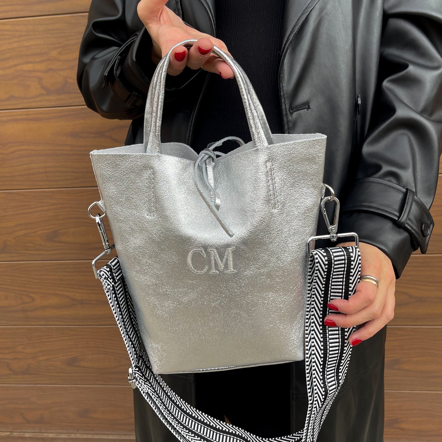 Bolso pequeño piel lazo personalizado - Color plata brillante