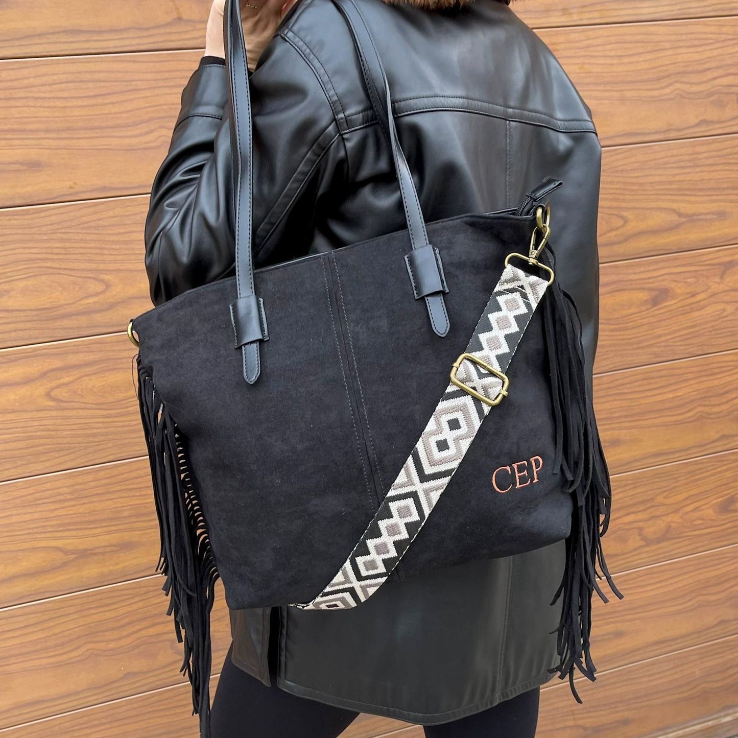 Bolso flecos efecto piel de ante - NEGRO
