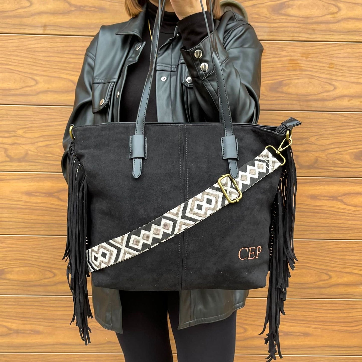 Bolso flecos efecto piel de ante - NEGRO