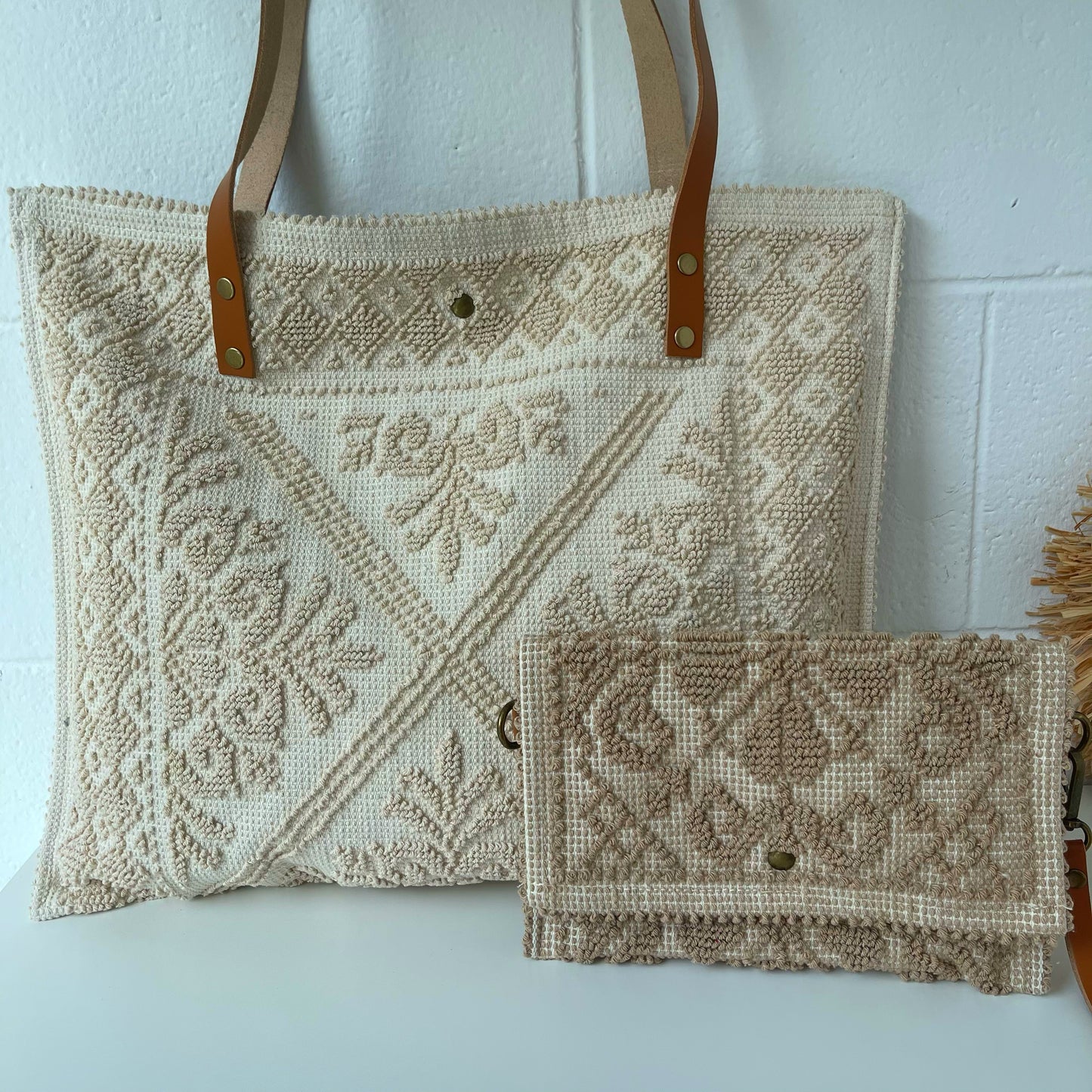 Conjunto bolso y bandolera de tela - Beige