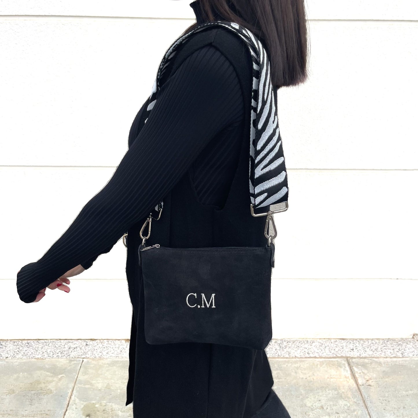 Bolso piel de ante personalizado con correa combinable - Negro