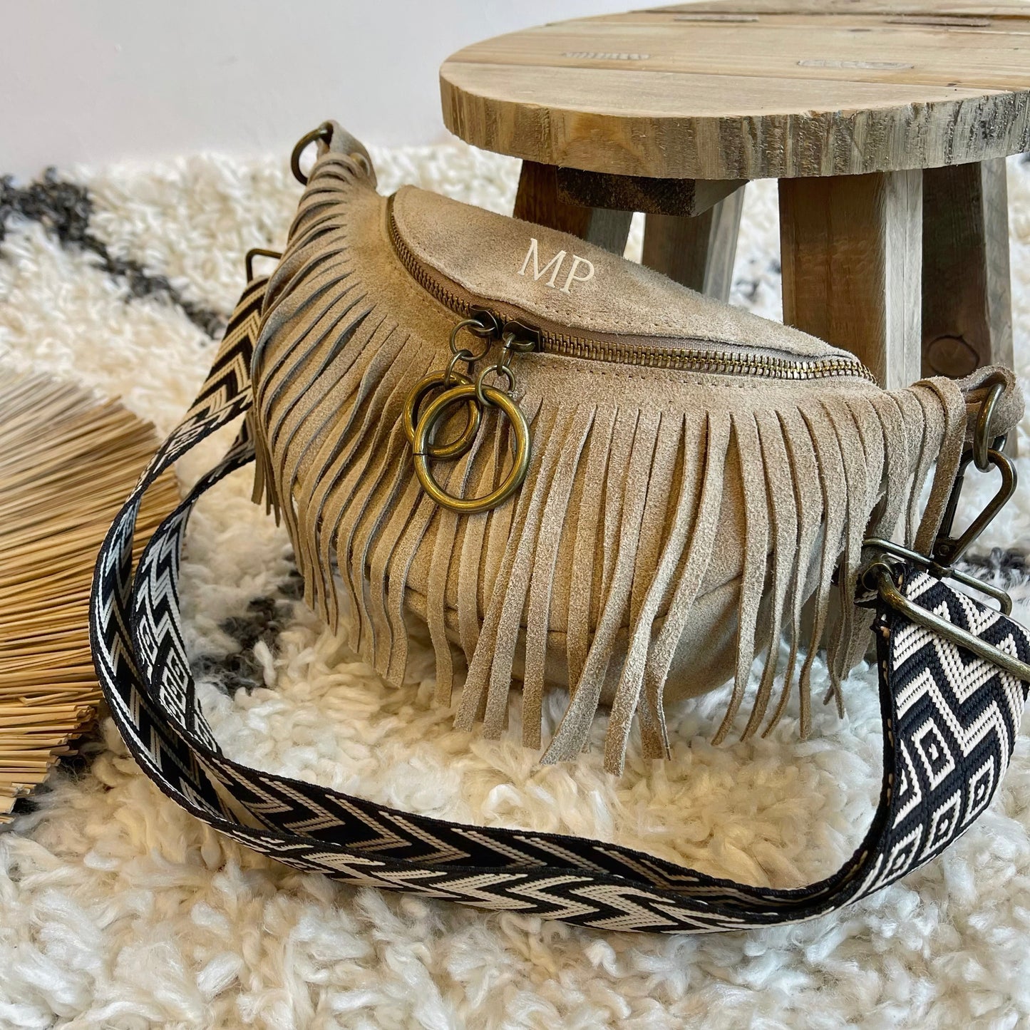 Bolso ovalado piel de ante personalizado - Color beige