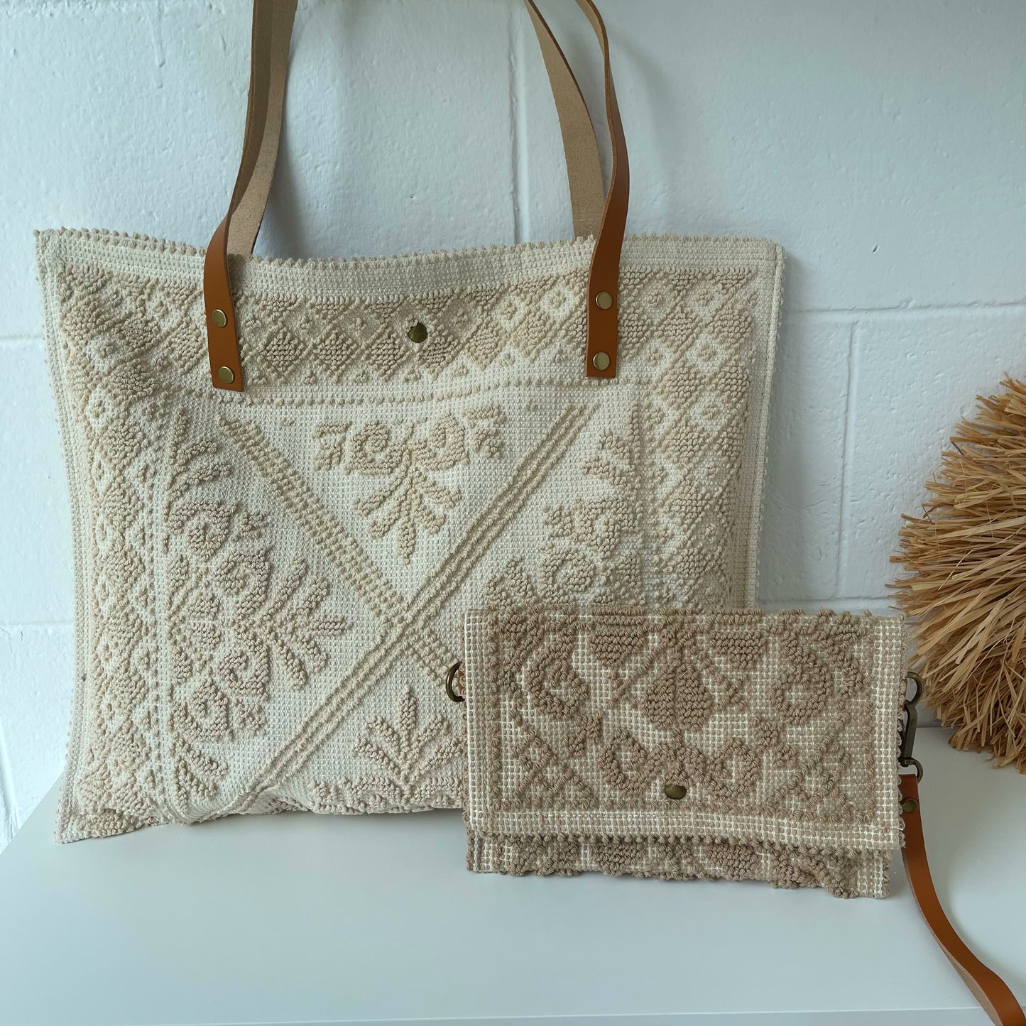 Conjunto bolso y bandolera de tela - Beige