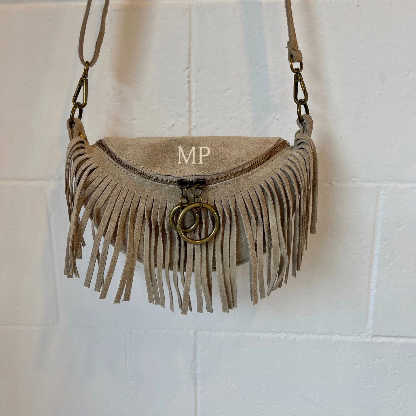 Bolso ovalado piel de ante personalizado - Color beige