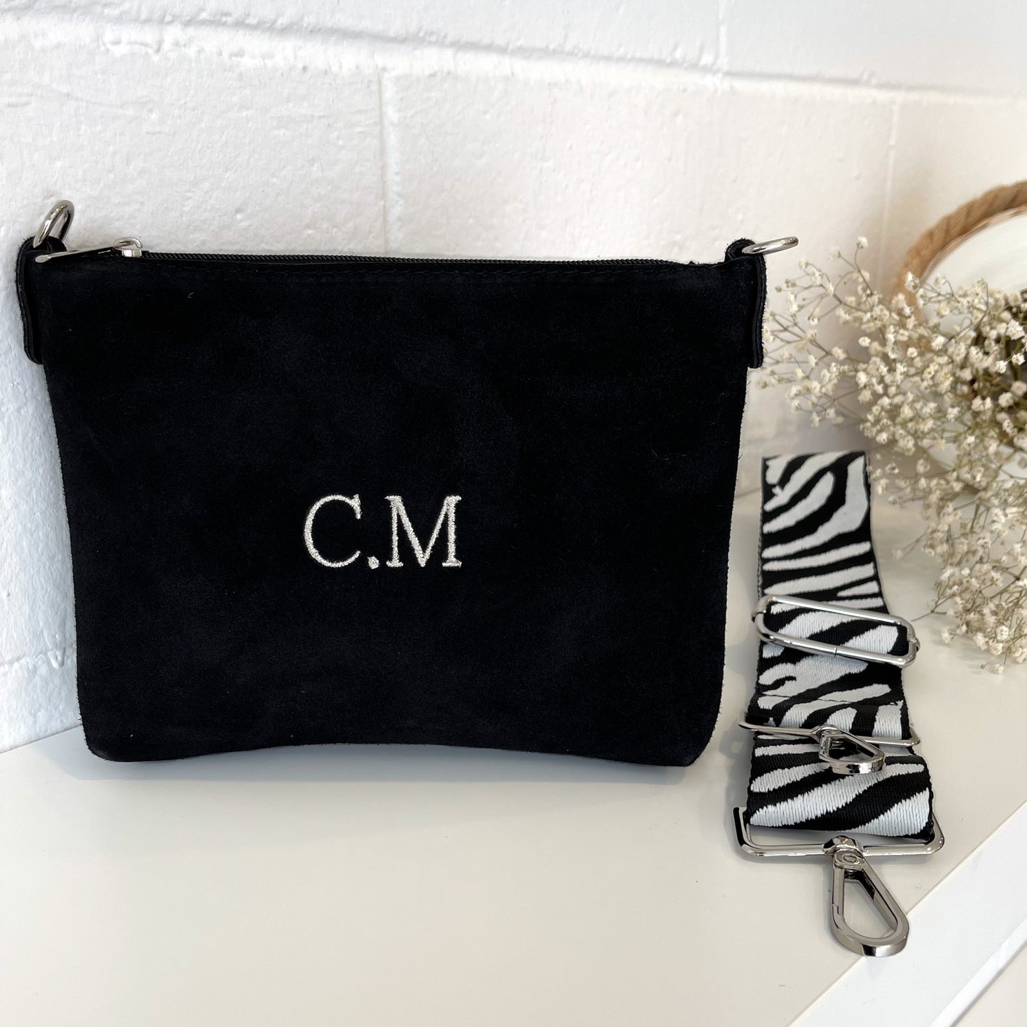 Bolso piel de ante personalizado con correa combinable - Negro
