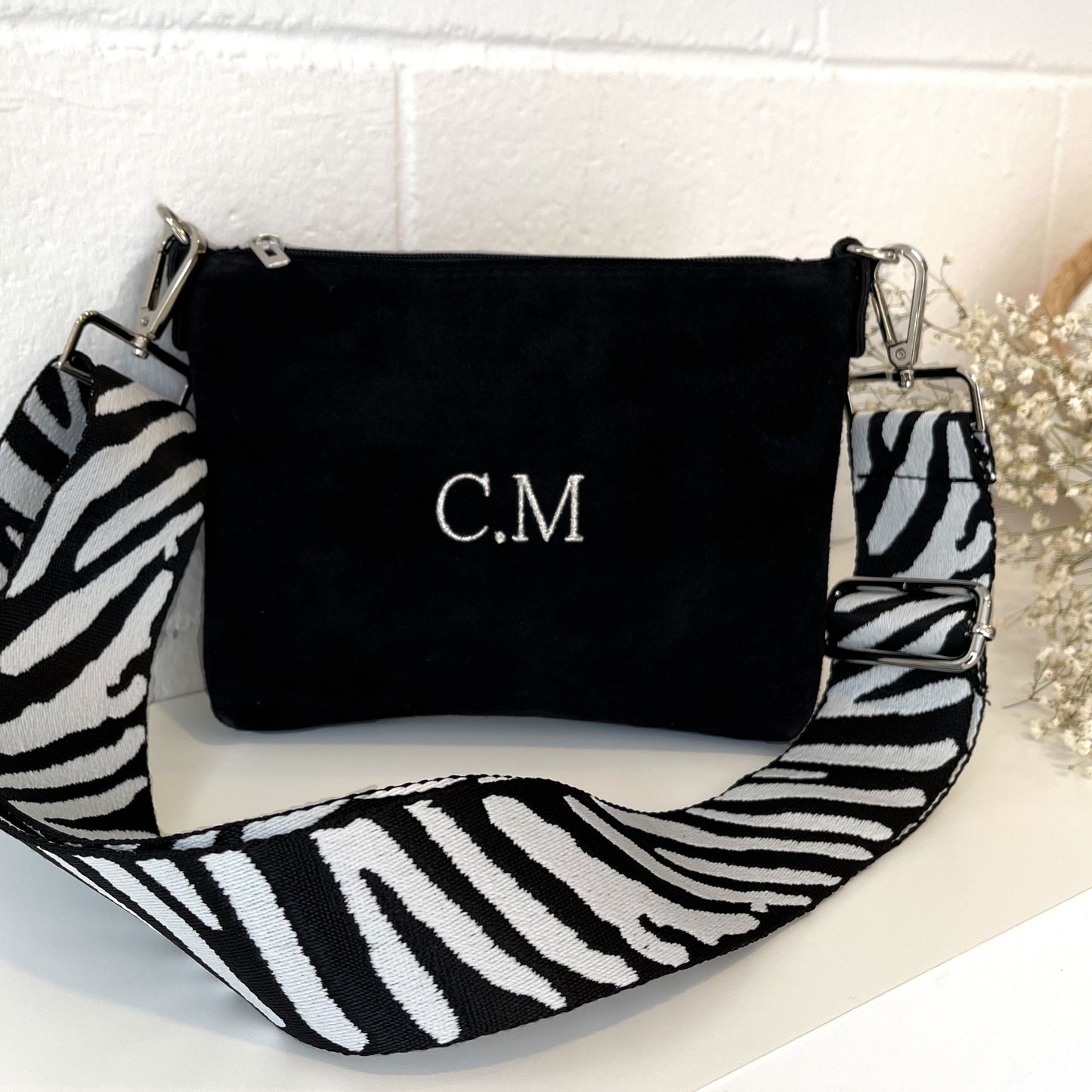 Bolso piel de ante personalizado con correa combinable - Negro