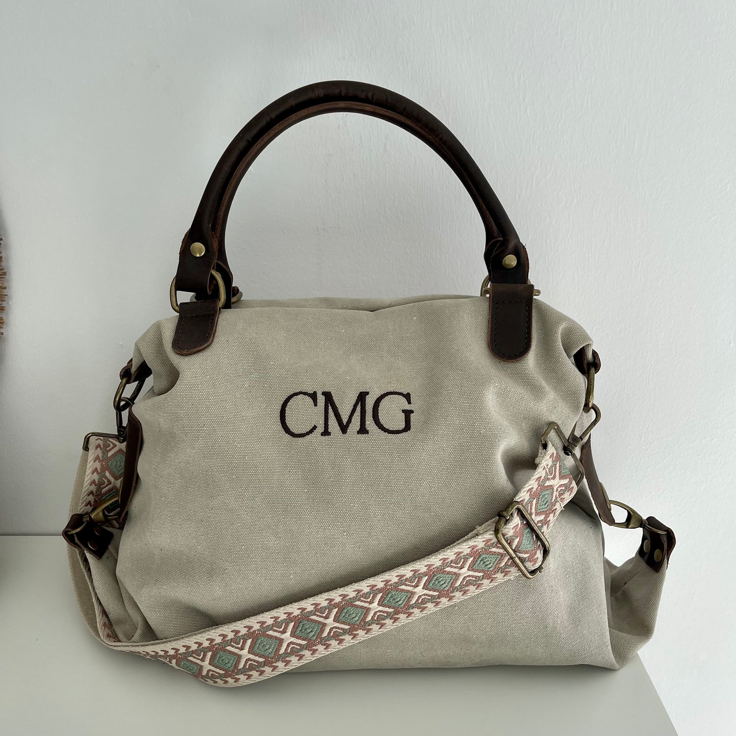 Bolso combinado piel y loneta personalizado - BEIG