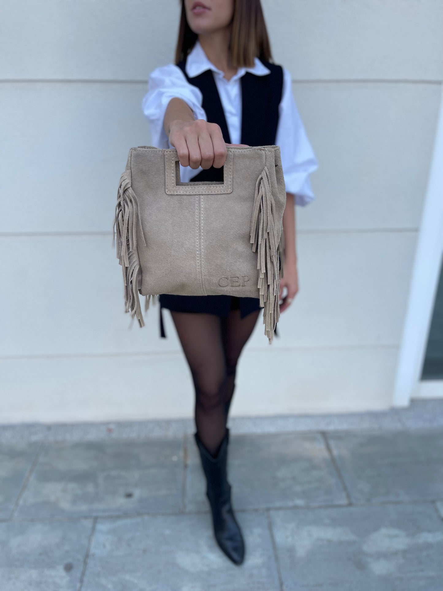 Bolso flecos piel de ante personalizado - BEIGE