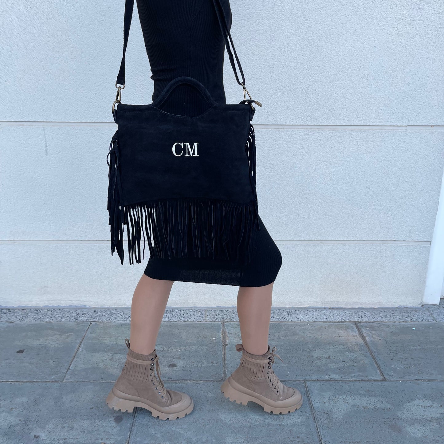 Bolso flecos piel de ante personalizado -NEGRO