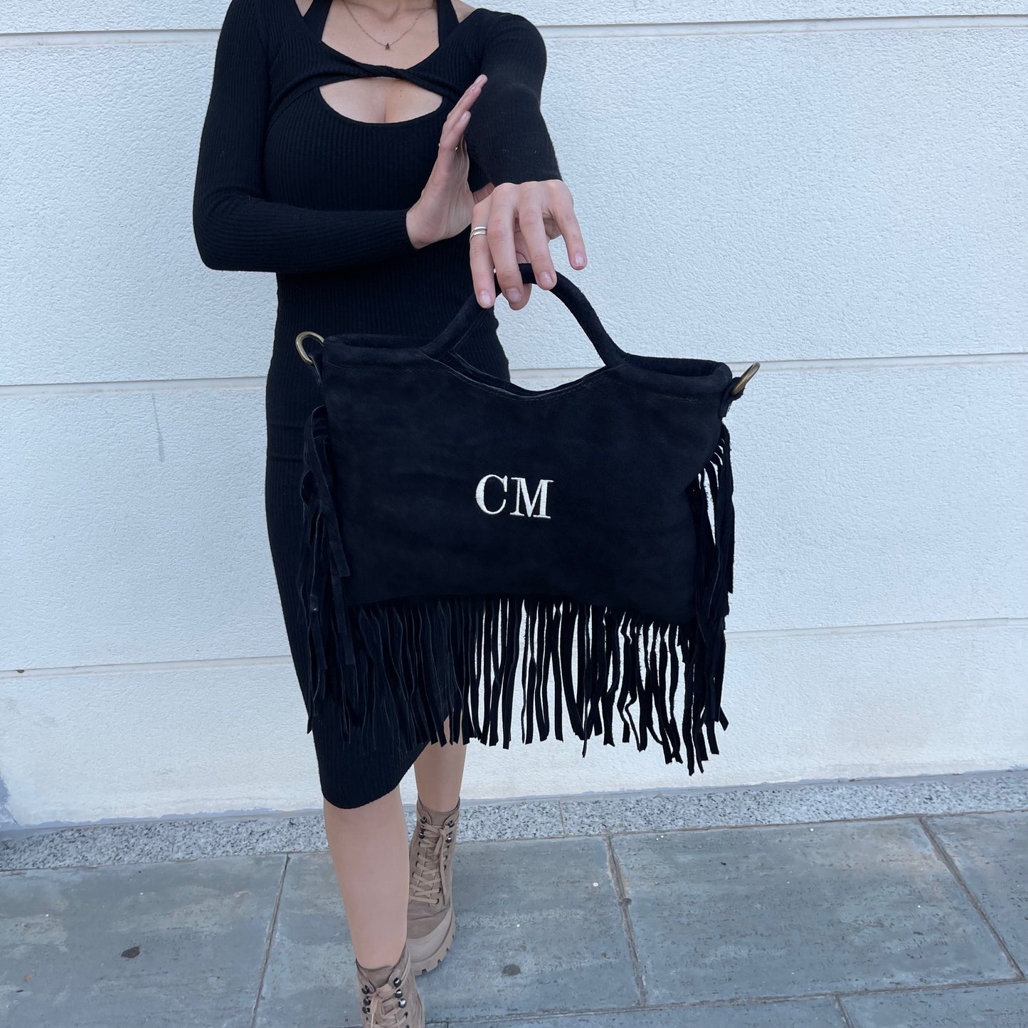 Bolso flecos piel de ante personalizado -NEGRO