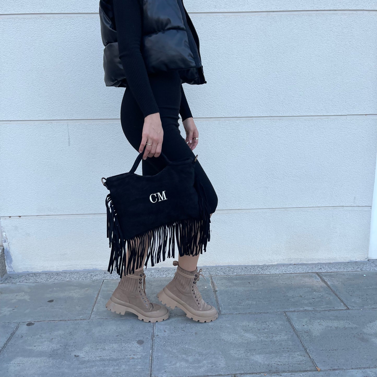 Bolso flecos piel de ante personalizado -NEGRO