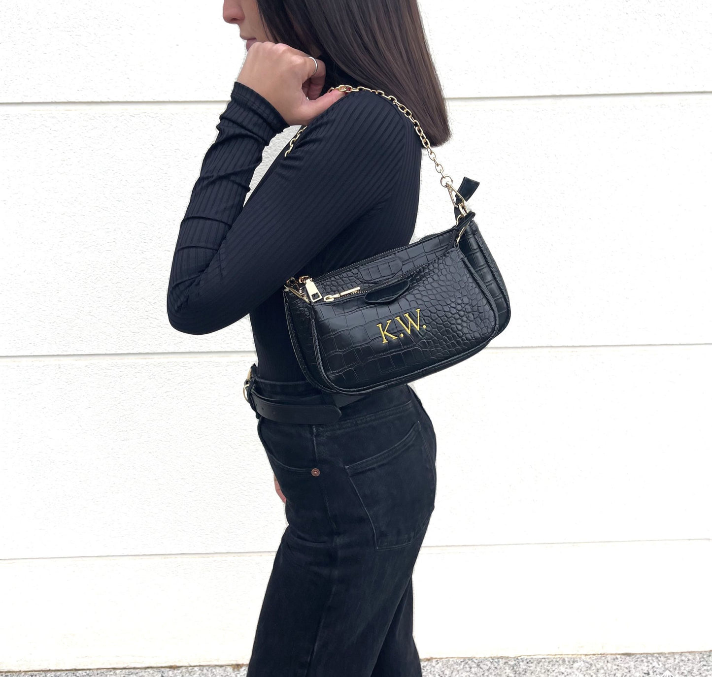 Bolso Multipochette print animal personalizado con iniciales bordadas - Negro