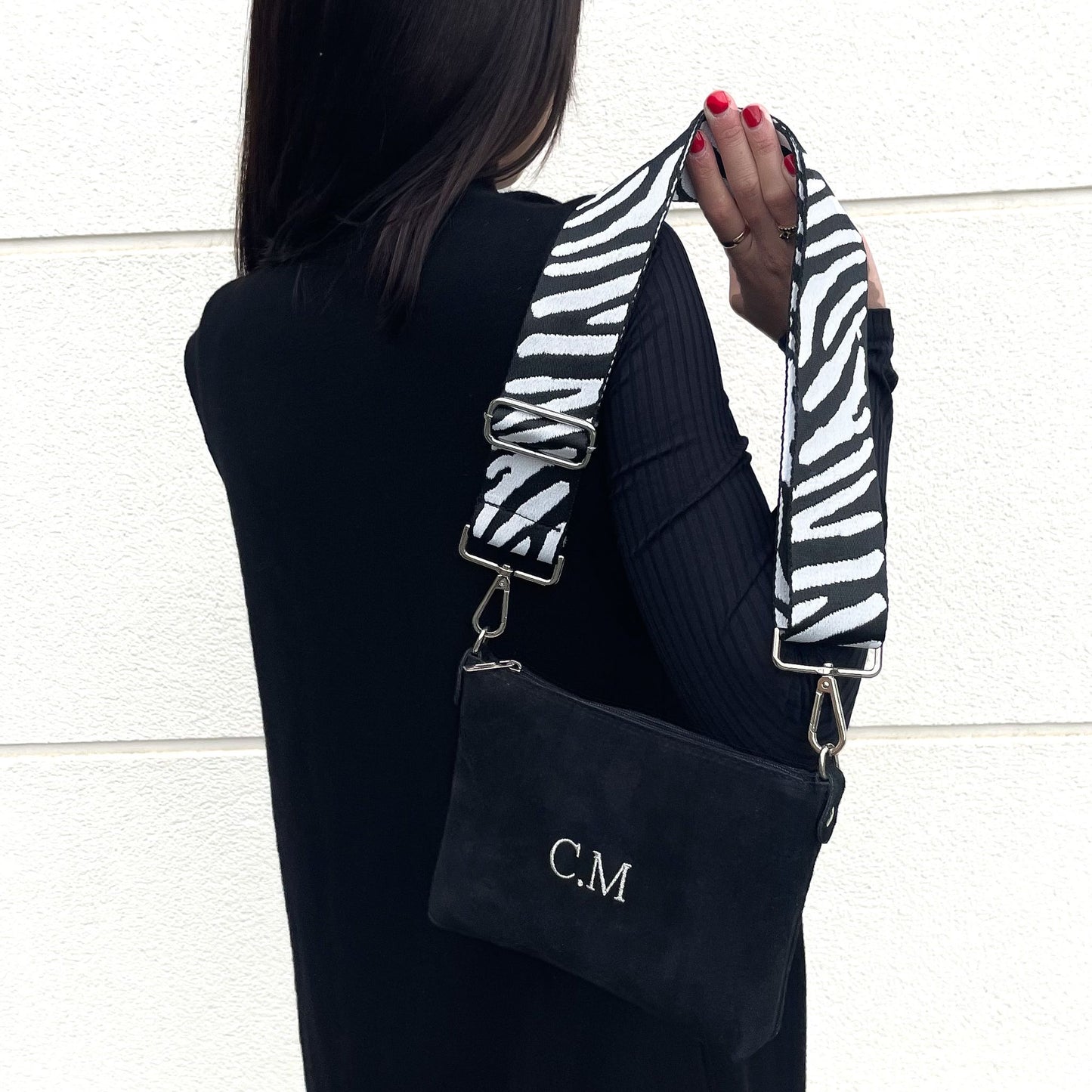 Bolso piel de ante personalizado con correa combinable - Negro