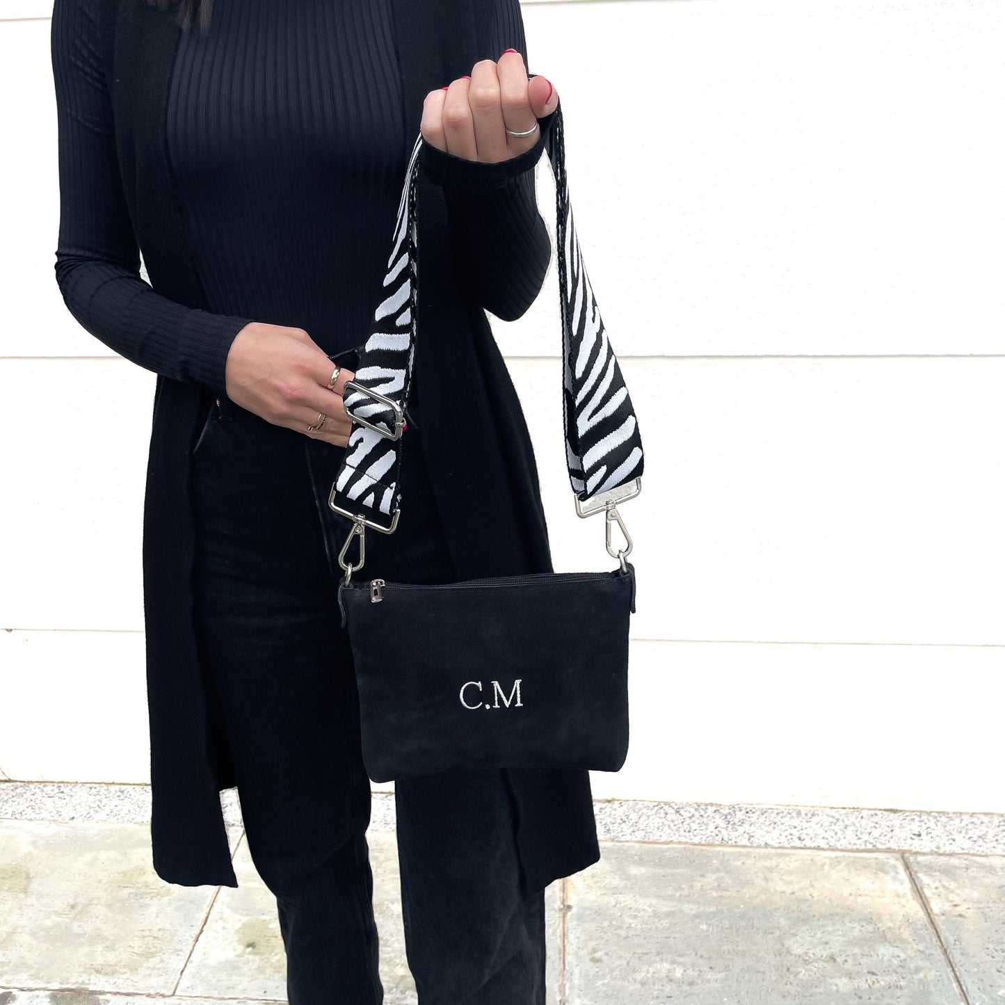 Bolso piel de ante personalizado con correa combinable - Negro