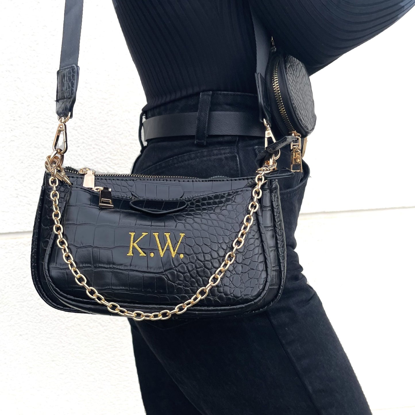 Bolso Multipochette print animal personalizado con iniciales bordadas - Negro