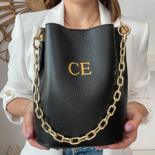 Bolso cubo de piel personalizado con cadena dorada - Color negro