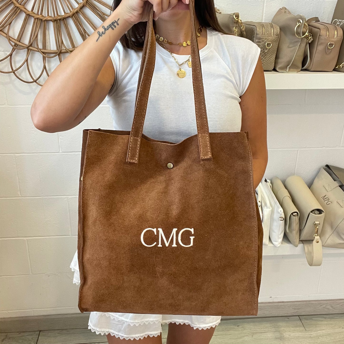 Shopper de piel de ante personalizado - color camel