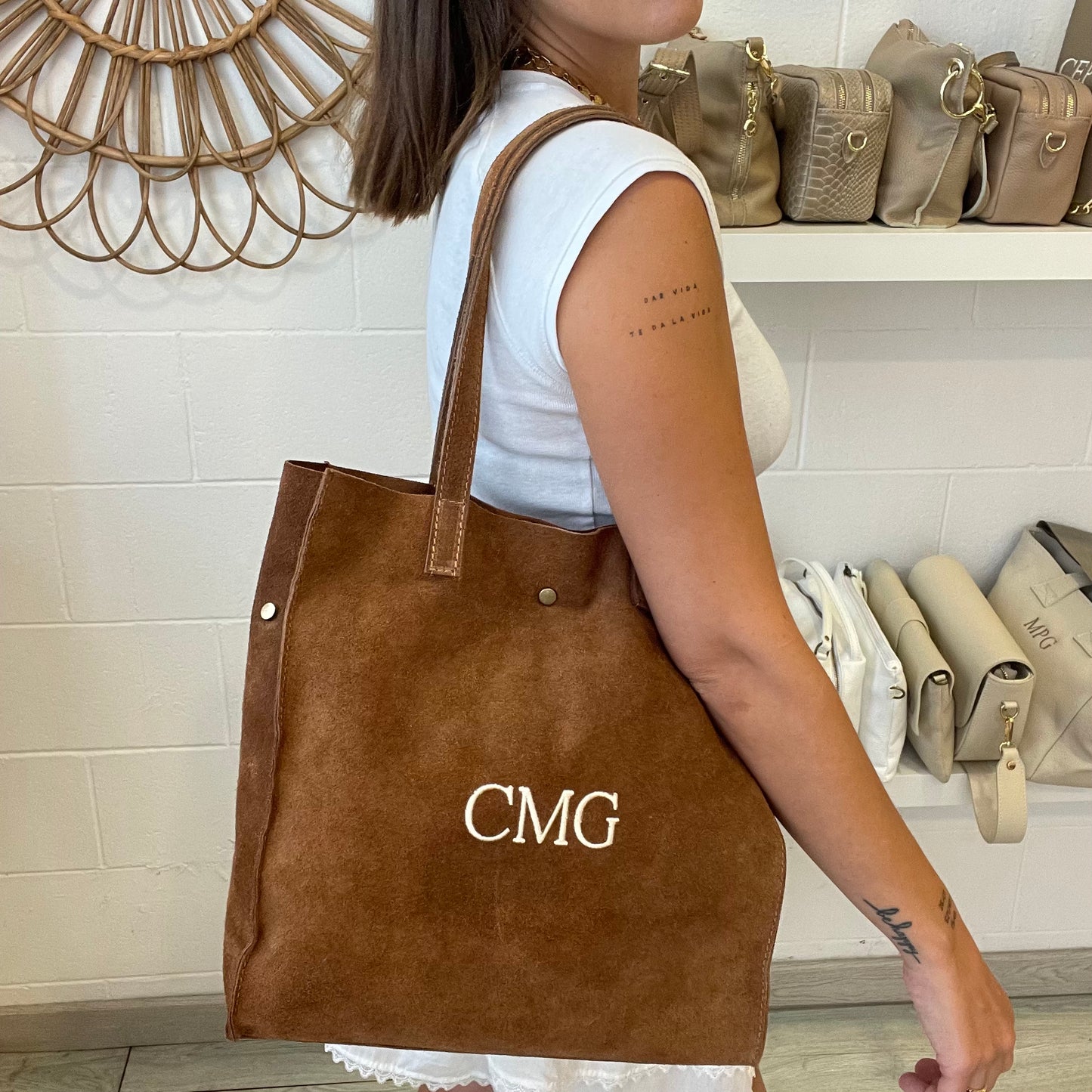 Shopper de piel de ante personalizado - color camel