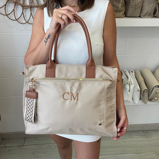 Shopper nylon con asas efecto piel - color taupe