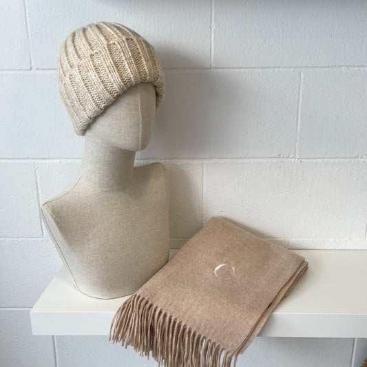Pack gorro de lana y bufanda personalizada - color beige